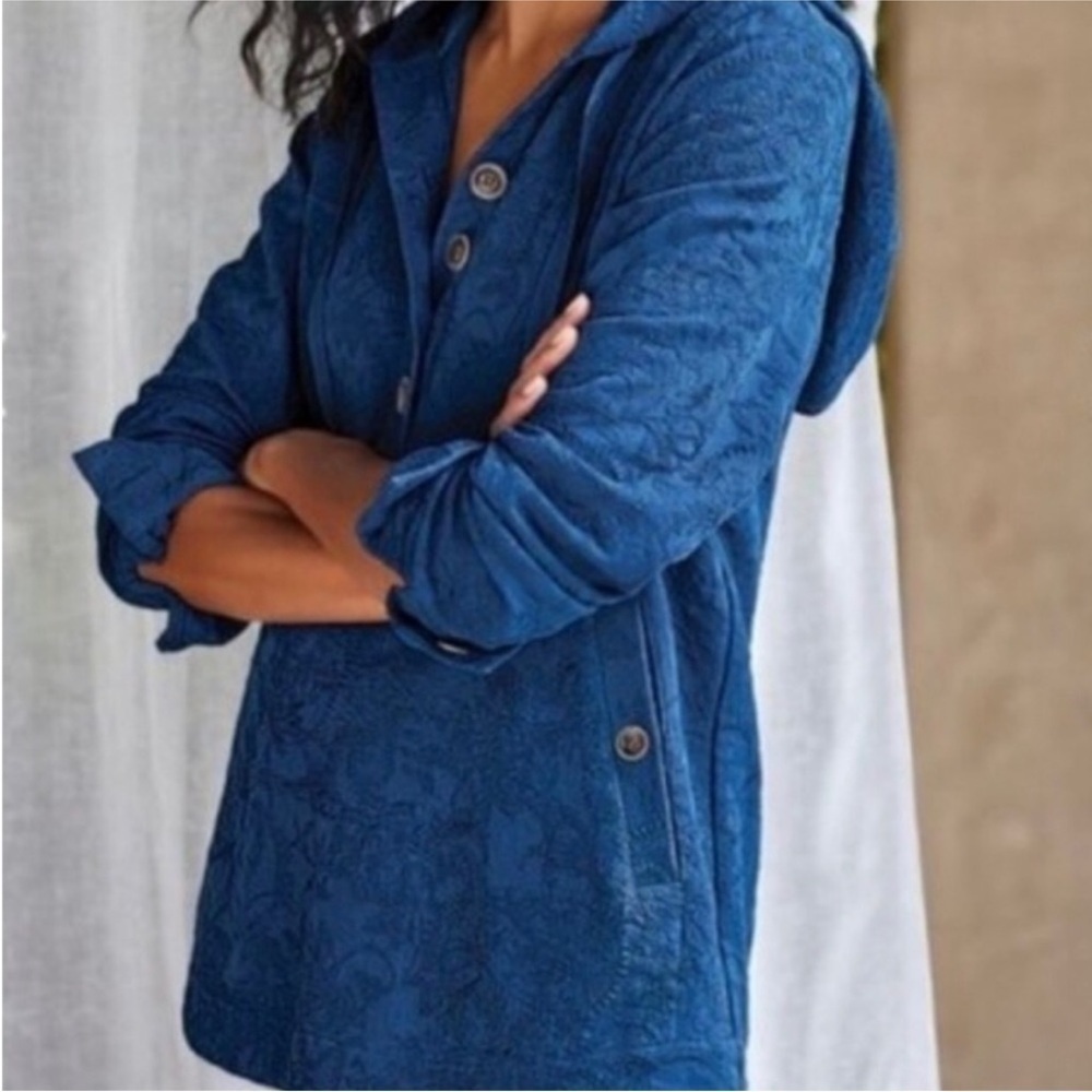 Soft Surroundings Forsythia Paisley Jacquard Hooded Top in Blue Size Small
